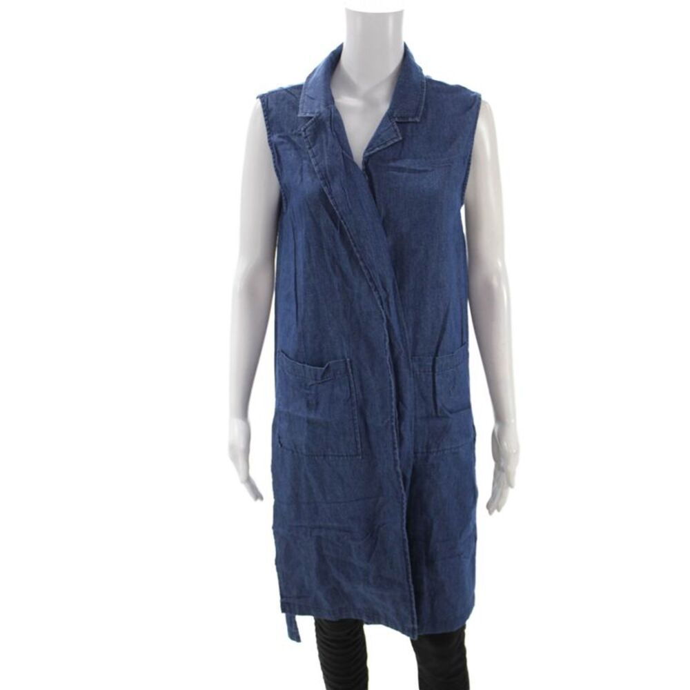 Chiqle Denim Women Collared Sleeveless Vest Blue Cotton Size M